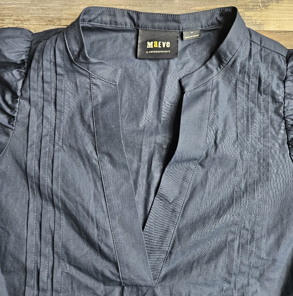 Maeve By Anthro Navy Blue Women's Poplin Pintuck Blouse Size 1X - Picture 5 of 12